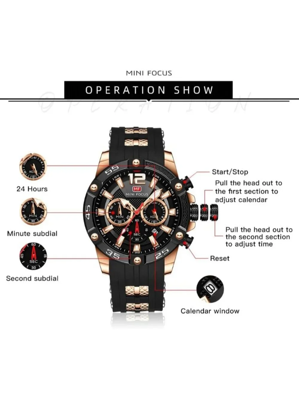 Men's Black Silicon Band Chronograph Waterproof Luminous Unique Casual Watch - Picture 5 of 6